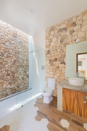 Regadera, secadora de cabello, toallas, jabón