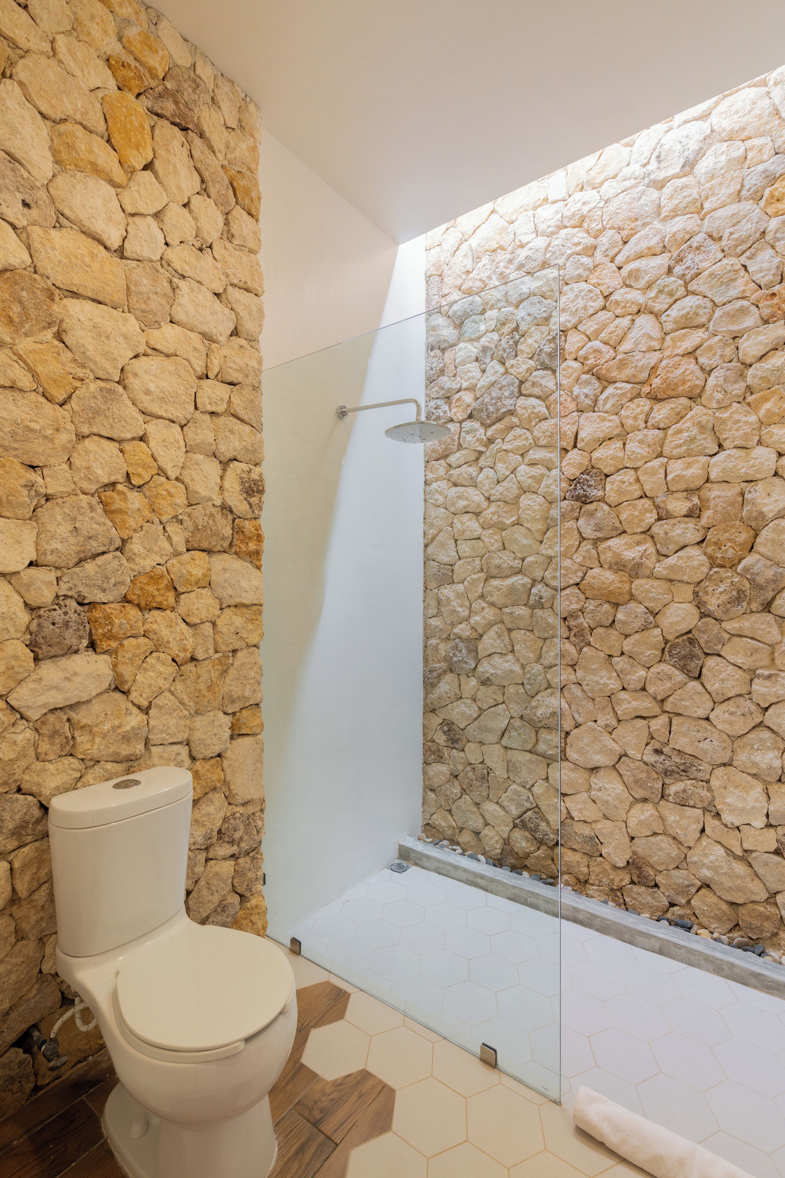 Un bany amb paret de pedra, vàter i zona de dutxa.