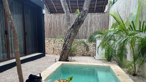A pool area with a table set with drinks and snacks, surrounded by tropical plants and a stone wall. - ZENDA TULUM LUXURY VILLAS (Tulum)
