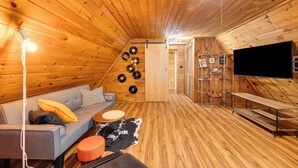 Tunnelmallinen, puinen sisustus, jossa on sohva, taulutelevisio ja seinä, joka on koristeltu vinyylilevyillä.