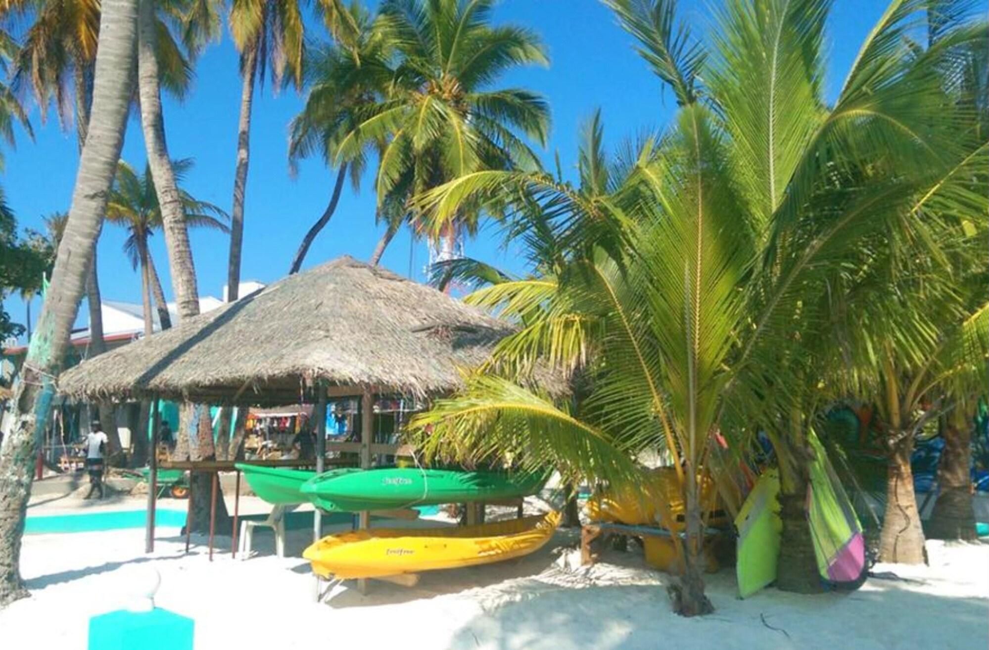 Escena de playa con una cabaña de techo de paja, palmeras y varios kayaks y canoas de colores.