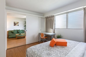 2 bedrooms, desk, iron/ironing board, travel cot