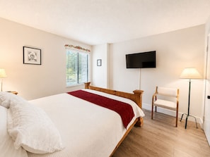A bedroom with a bed, a television, a chair, and a window with blinds.