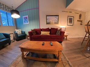 Téléviseur, foyer, lecteur de DVD, livres