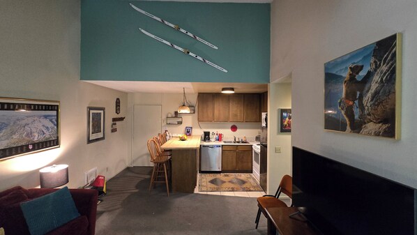 TV, fireplace, DVD player, books