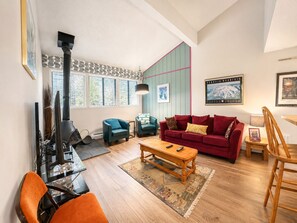 Televisión, chimenea, reproductor de DVD y libros 