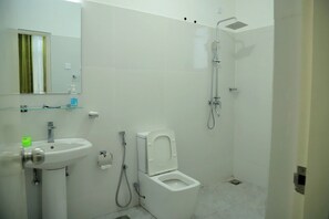 Bidet, soap, toilet paper