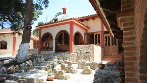 Ένα παραδοσιακό κτίριο με μια πέτρινη σκάλα που οδηγεί σε μια ξύλινη πόρτα, το οποίο περιβάλλεται από φυτά σε γλάστρες και ένα δέντρο.