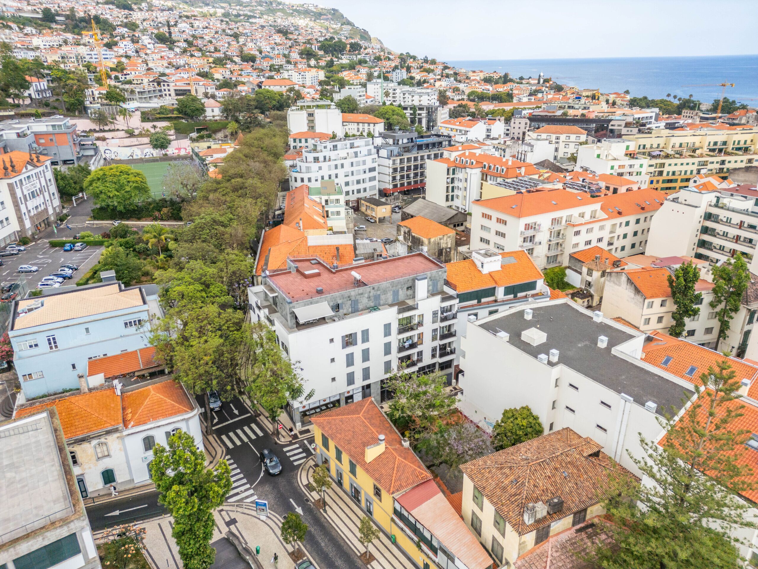 Paesaggio costiero urbano con edifici residenziali e commerciali, caratterizzato da una strada trafficata con auto e pedoni.
