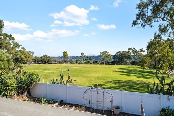 A view of a well-maintained lawn with a white fence, a birdhouse, and cacti.