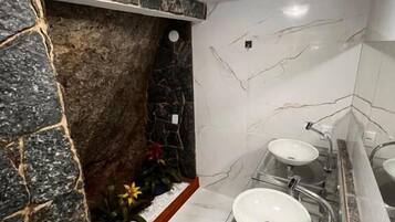 Une salle de bain avec un mur d’accent en pierre, une douche et un espace lavabo délimité par des parois en verre.