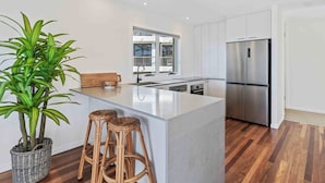 A modern kitchen with a central island, stainless steel appliances, and a large potted plant. - Thirty-Nine Albatross (Apartment 8) (Gold Coast)