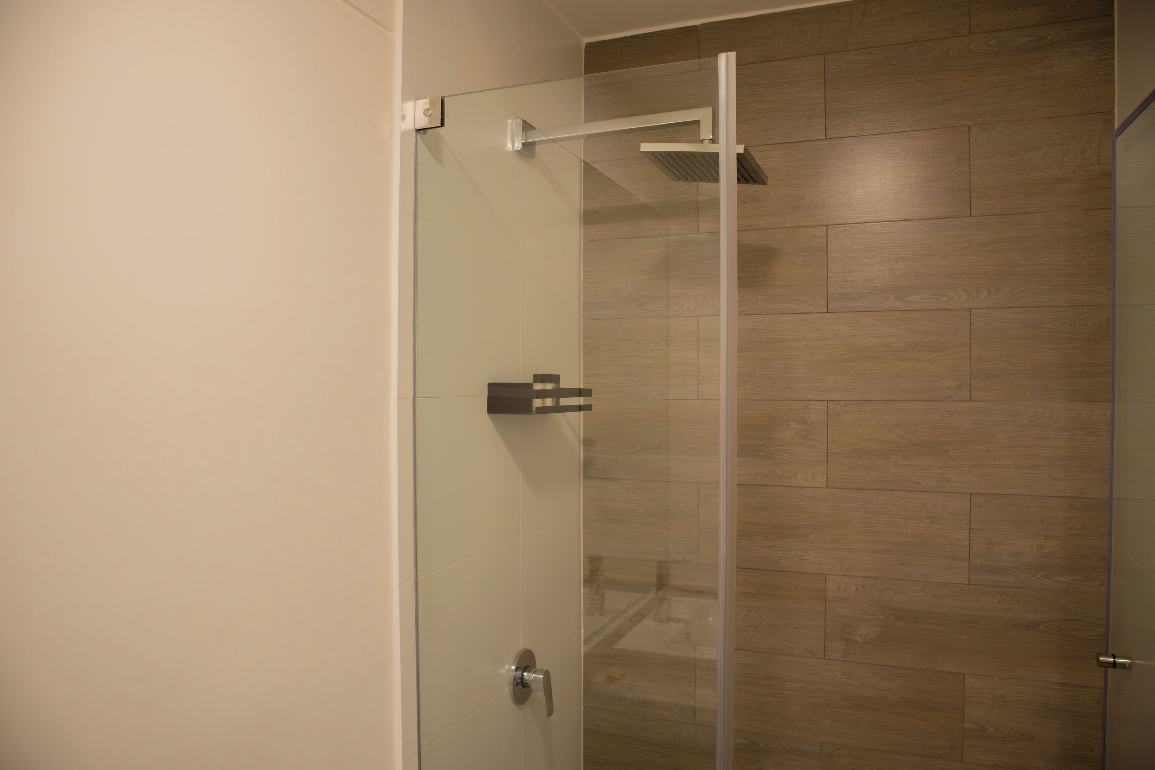 Eine begehbare Dusche mit Glaswänden, Holzboden und weißer Wand.