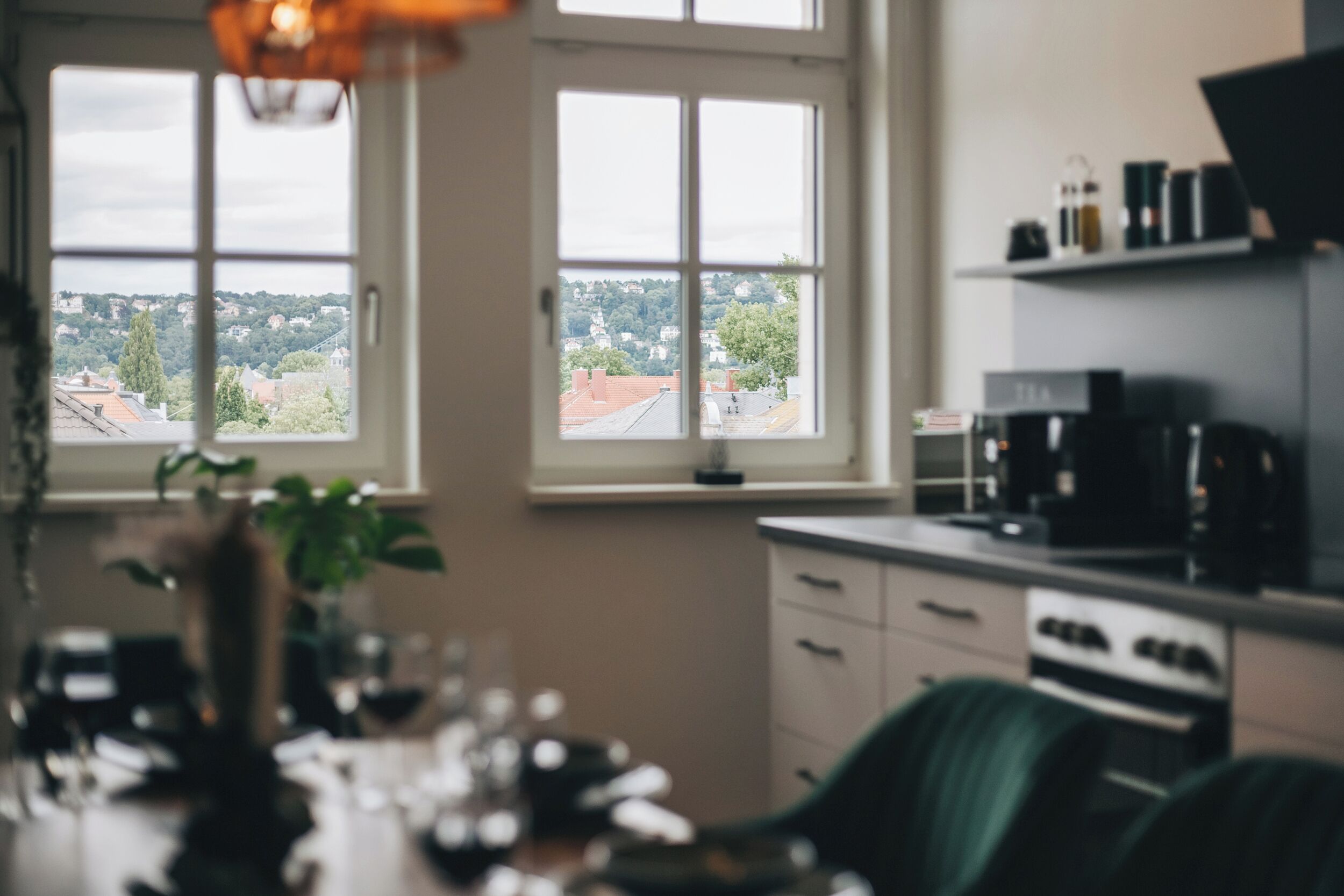 A kitchen with a view of a town through a window, a coffee machine, and a plant.