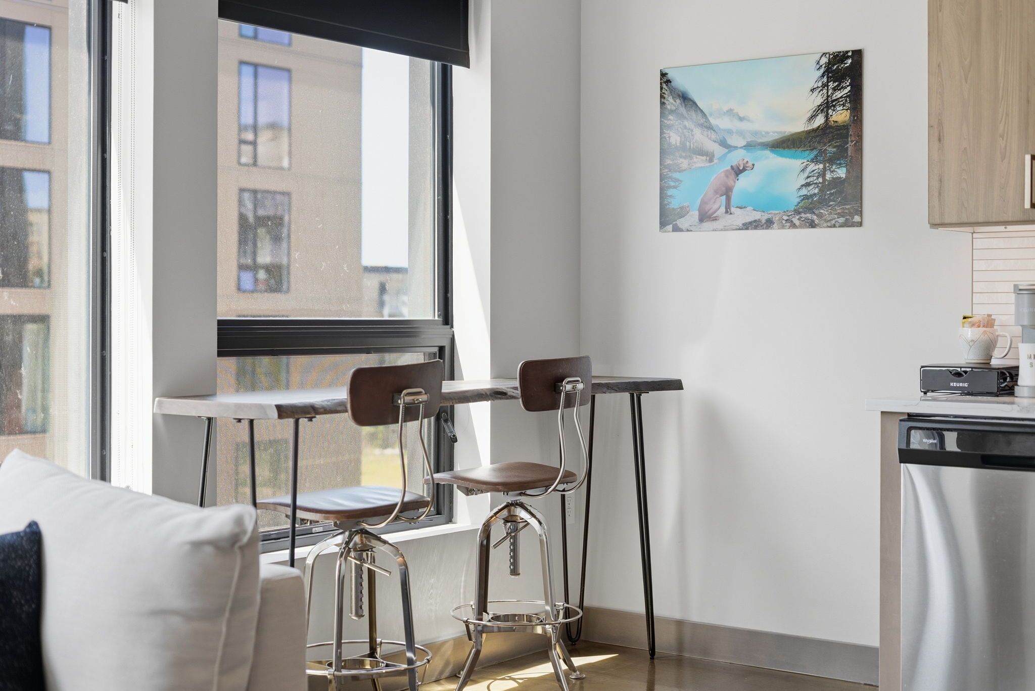 A modern kitchen with a dishwasher, a window with a view of buildings, and a painting of a dog by a lake.