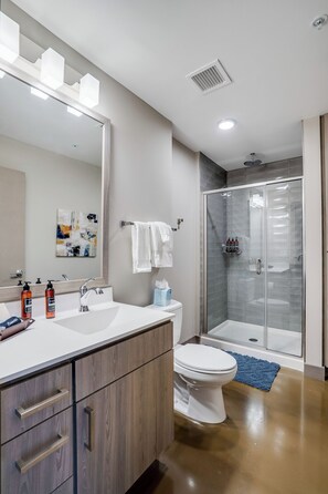 A modern bathroom with a large mirror, a white sink, a toilet, and a glass-enclosed shower. - Sable 207 - One Bedroom (Minneapolis)