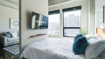 Lägenhet (0 Bedroom) | 1 sovrum, arbetsyta för laptop och sängkläder