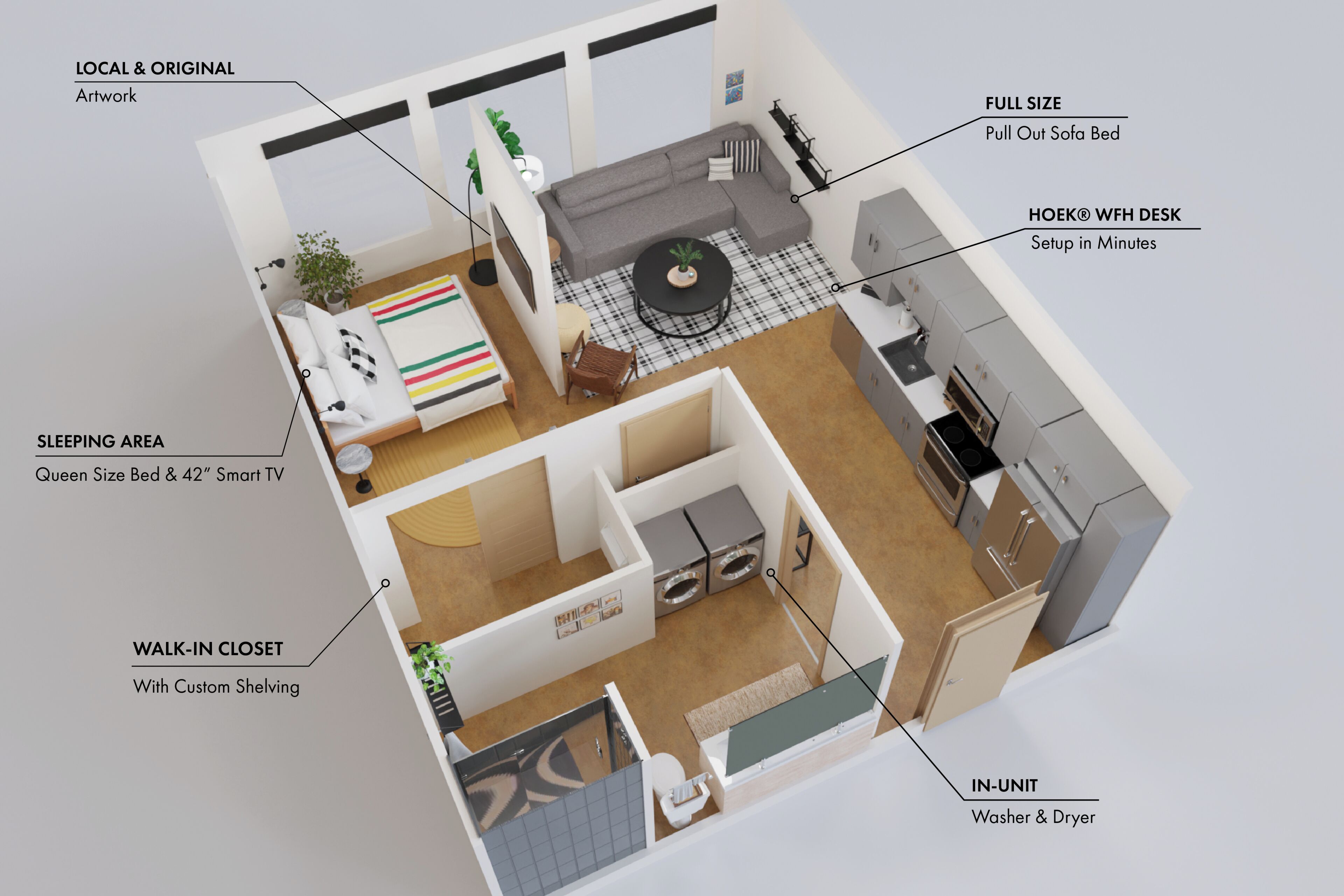A compact studio apartment with a queen-sized bed, a walk-in closet with custom shelving, a pull-out sofa bed, a full-size washer and dryer, and a HOEK WFH desk.