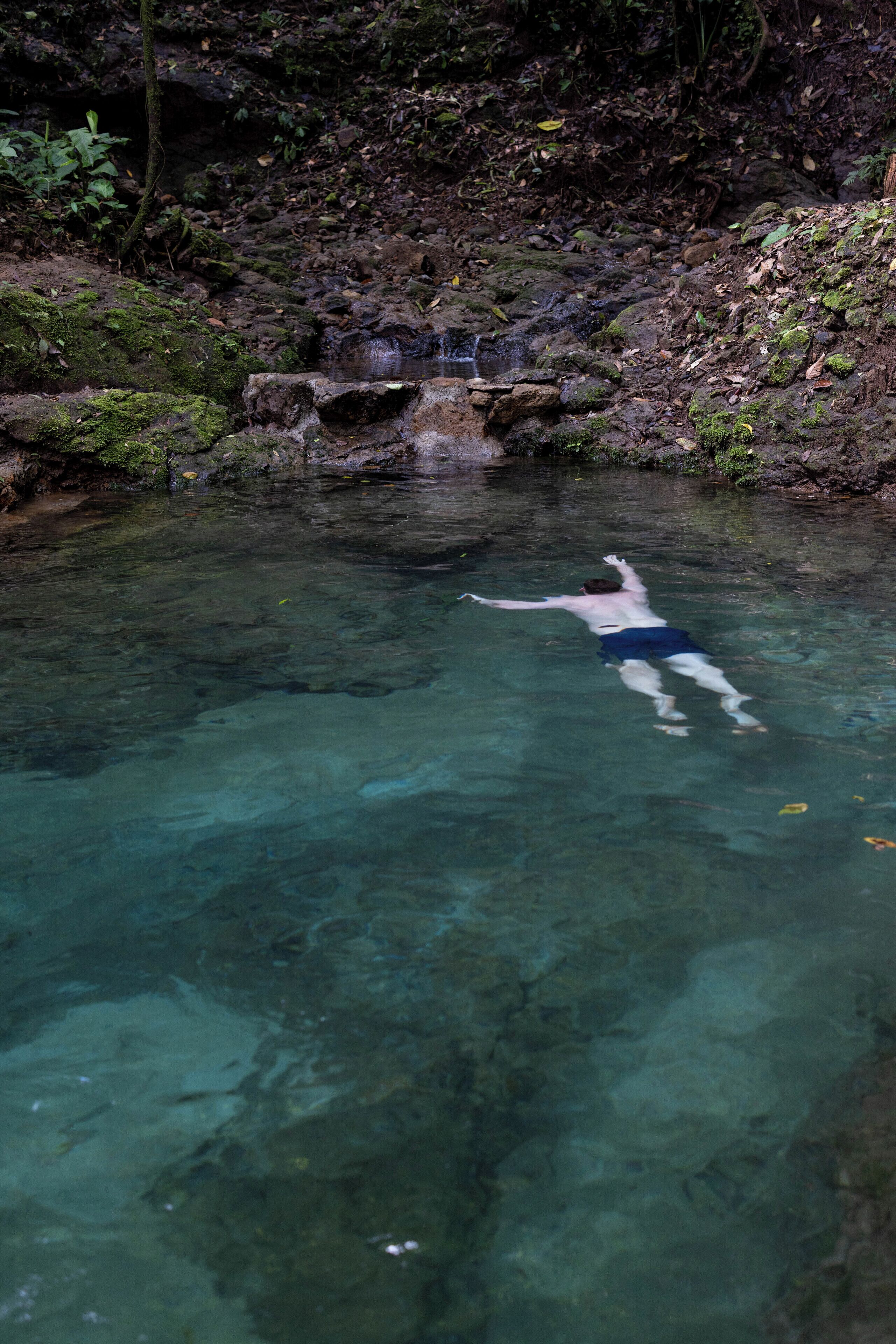 A person swimming in a clear pool with rocks and greenery around.