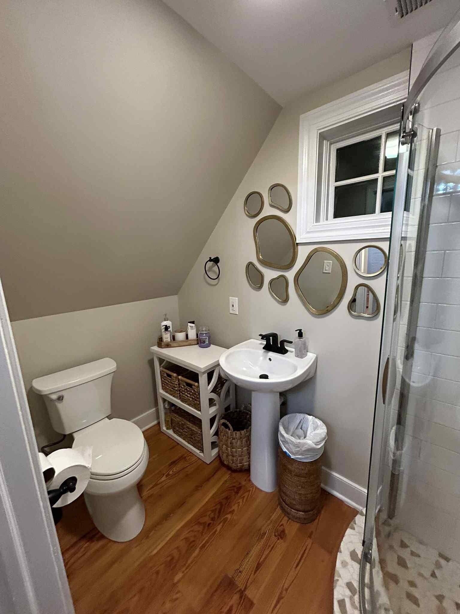 Hair dryer, towels, soap, toilet paper