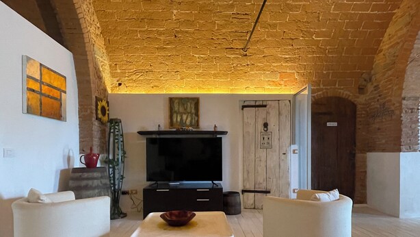 Un salon avec un téléviseur, deux canapés, une table basse et un mur en briques.