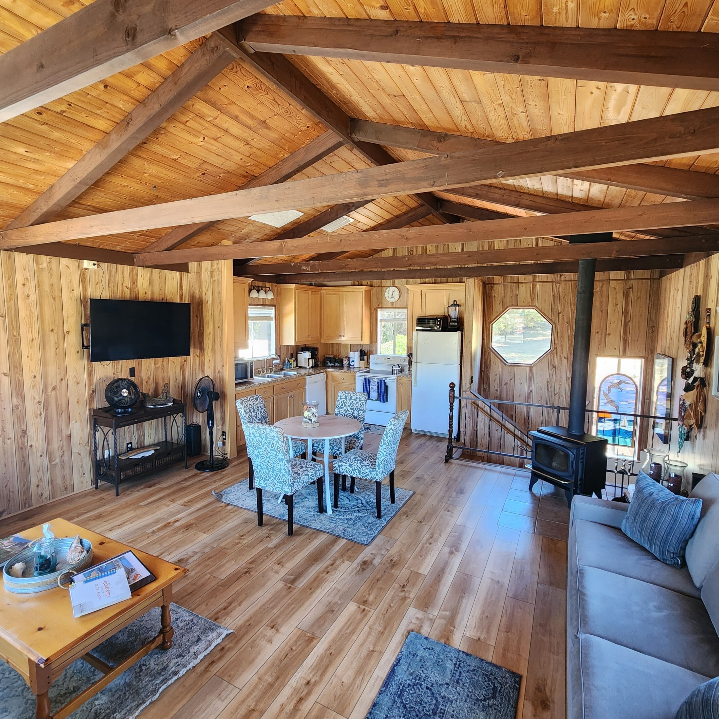 Smart TV, fireplace, books