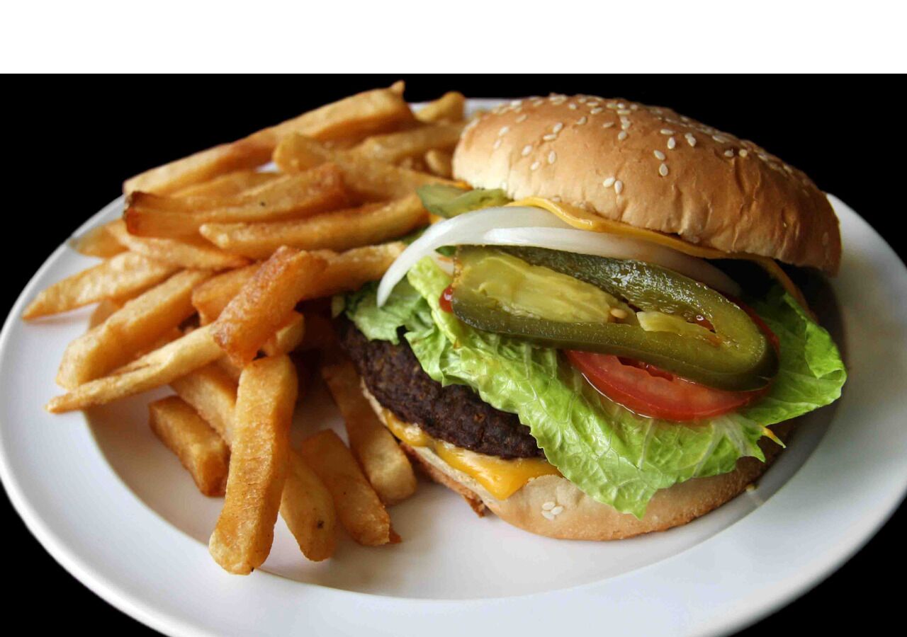 Una hamburguesa acompañada de papas fritas sobre un plato blanco.