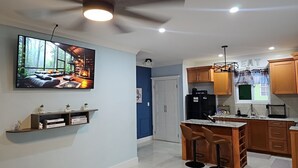 A modern kitchen with a built-in island, bar stools, and a large window overlooking a forest. - Charming Modern 1-bedroom apartment with WiFi, AC in Beautiful Nassau (Nassau)
