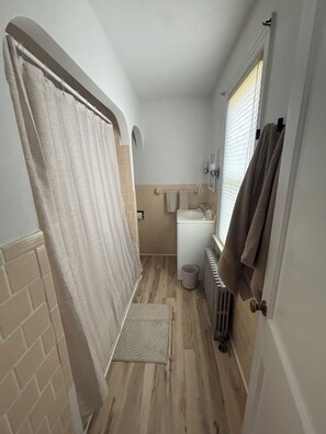 Hair dryer, towels, toilet paper