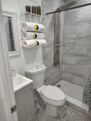 Sèche-cheveux, serviettes fournies, savon, papier toilette