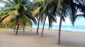 En la playa, camastros y toallas de playa 