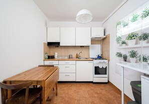 Fridge, oven, stovetop, coffee/tea maker