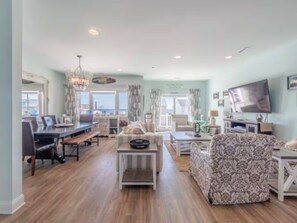 Smart TV, fireplace, books