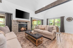 TV connectée, cheminée, livres