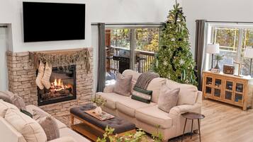 Smart TV, fireplace, books