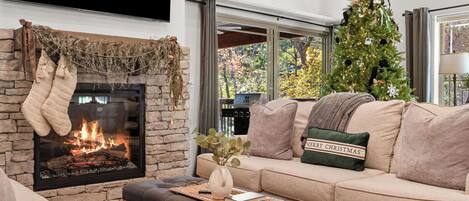 Smart TV, chimenea y libros