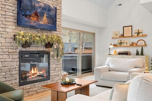 Smart TV, fireplace, video games, music library