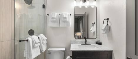 A modern bathroom with a glass shower enclosure, a white toilet, a vanity with a mirror, and towels on hooks.