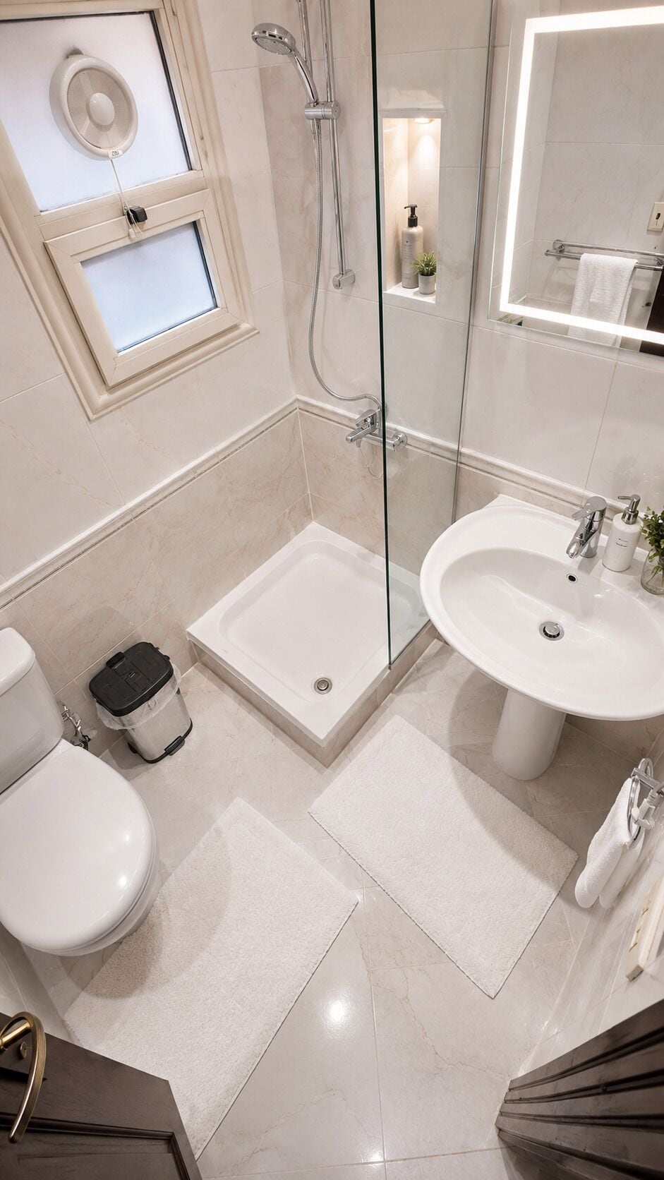Une salle de bain moderne avec une douche à parois de verre, un lavabo blanc et des toilettes.