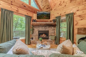 Smart TV, chimenea, libros