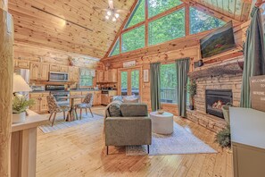 TV connectée, cheminée, livres