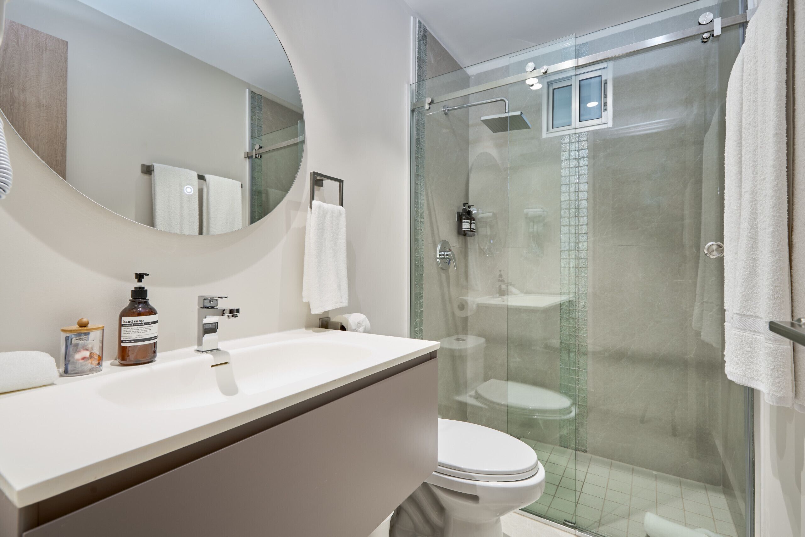 Shower, hair dryer, towels