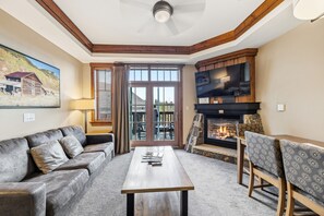 Smart TV, fireplace, books