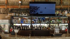 Un espace bar doté d’un téléviseur diffusant des images d’une plage, d’étagères remplies de différentes bouteilles d’alcool et d’un comptoir avec des tabourets de bar.