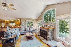 TV, fireplace, books