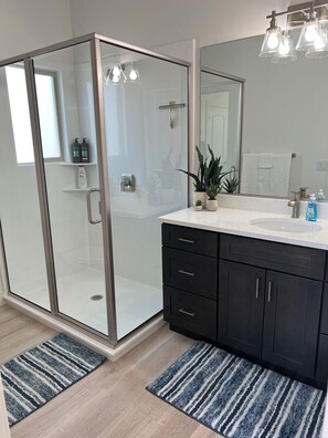 Shower, hair dryer, towels, soap