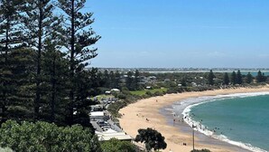 A coastal landscape with a sandy beach, dense pine trees, and a clear blue sky. - Rosetta Rise, Bright Roomy Home with Ocean Views (Hayborough)