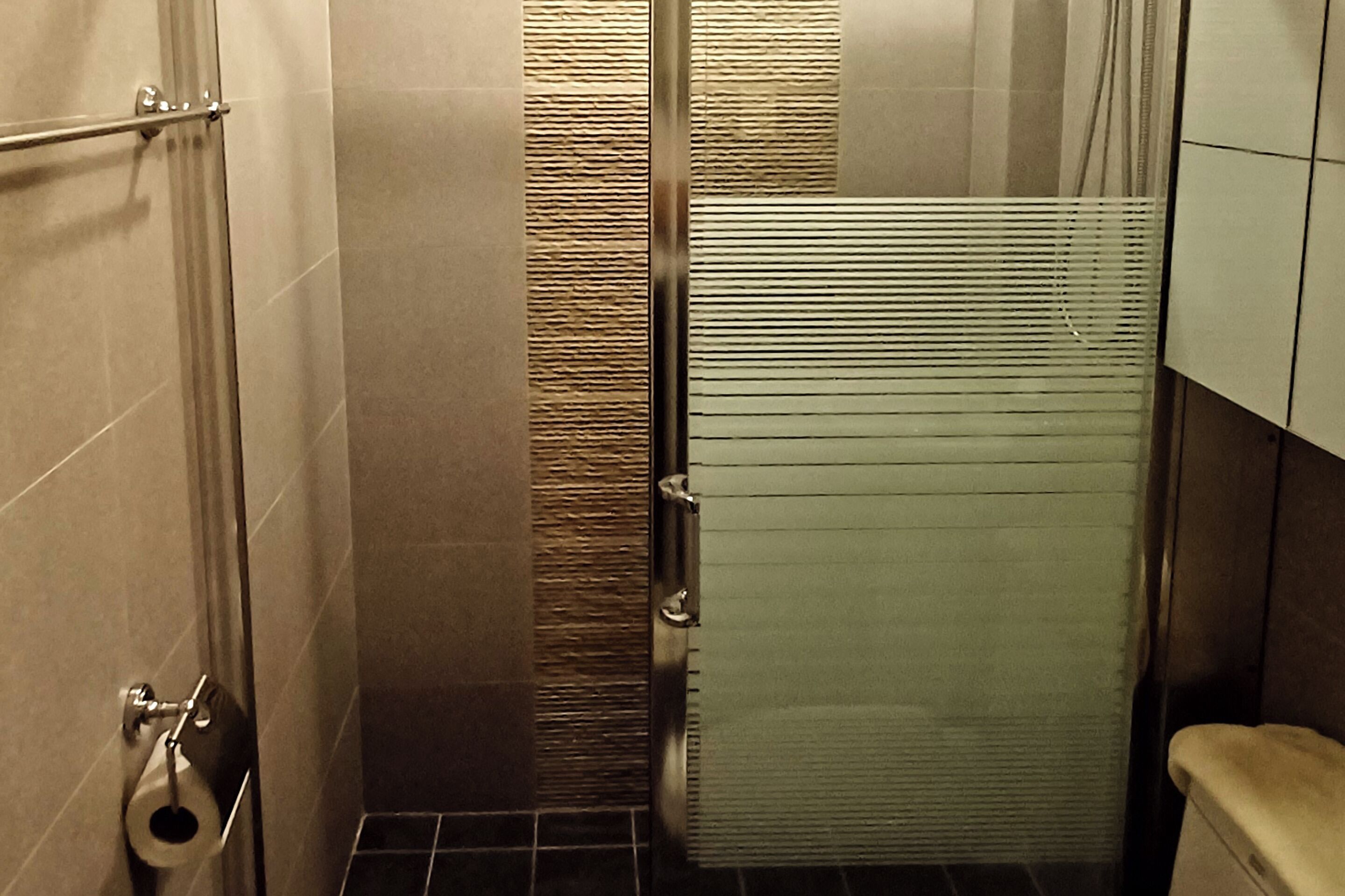 Ein Badezimmer mit Toilette, Handtuchhalter und Duschbereich.