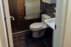 A small bathroom with a toilet, a sink, and a shower area.