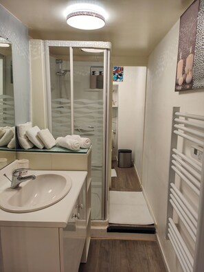 Sèche-cheveux, serviettes fournies, savon, papier toilette